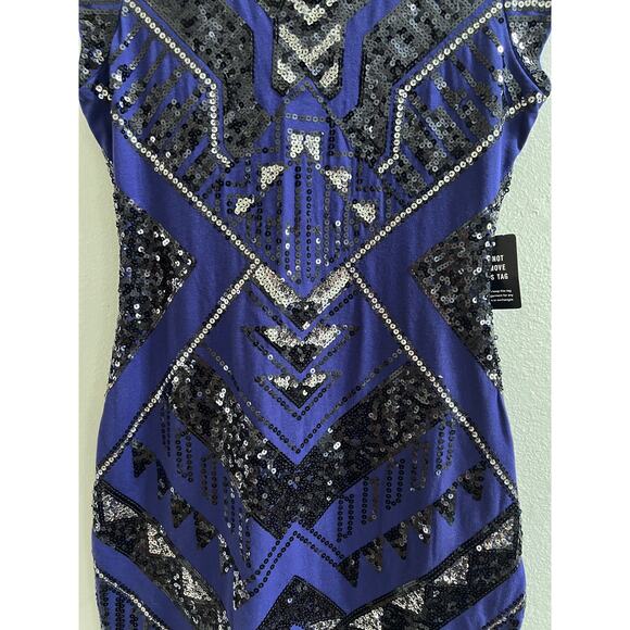 Express Sequin Aztec Art Deco Mini Dress Blue Black Bodycon Party Size Small - Picture 9 of 11